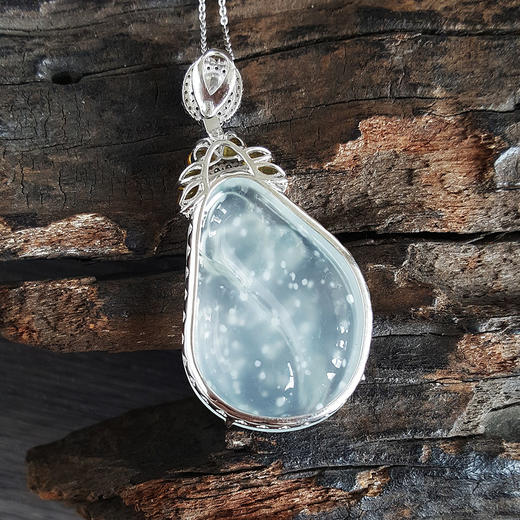 【天然正品】AU750白金镶钻镶收藏级冰种飘木那雪花棉莲花图案翡翠吊坠项链 150624XY50 商品图7