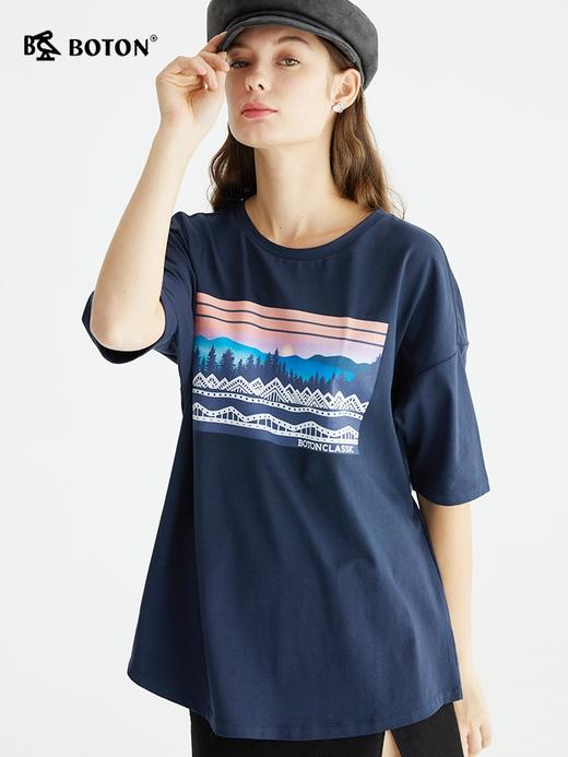 波顿夏季宝蓝色短袖t恤女印花宽松显瘦圆领纯色上衣LT277222 商品图1