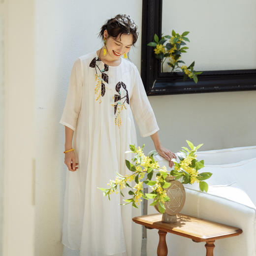 绽放400【甜茶系列·珠兰贡茶】高支天丝苎麻印花双层宽松连衣裙 商品图2