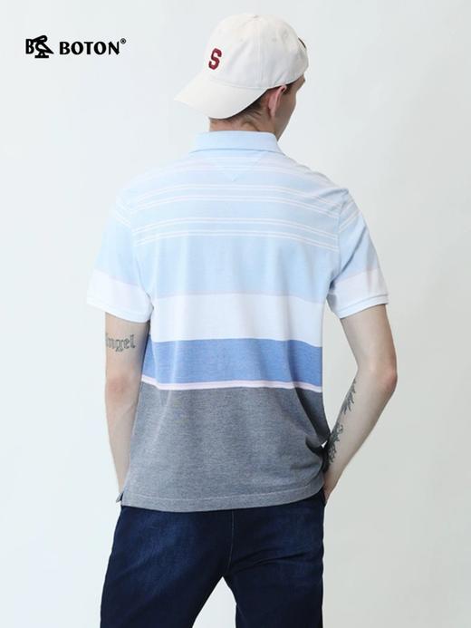波顿夏天男士时尚休闲翻领条纹短袖浅蓝色Polo衫纯棉t恤MT665220 商品图2