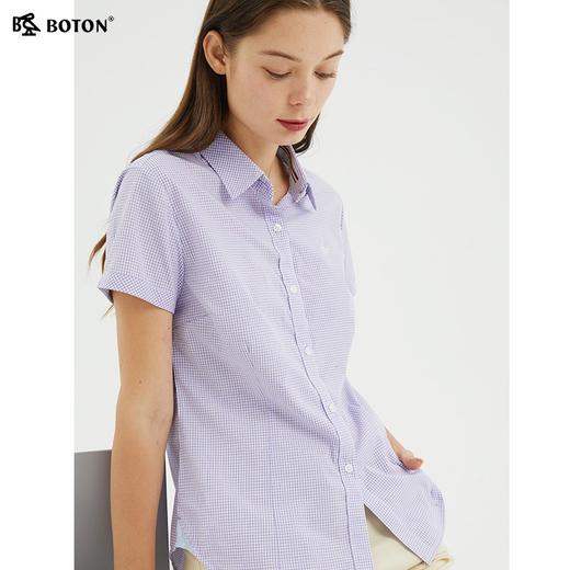 波顿格子衬衫女2024年夏季薄款新款翻领短袖紫格清新百搭休闲上衣LS817222 商品图1