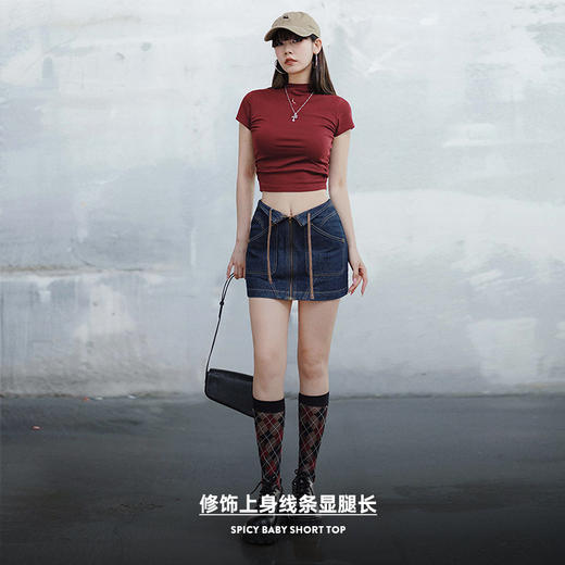 马登圆领复古辣妹正肩T恤抽褶显瘦纯色短袖美式休闲紧身上衣夏女 商品图2