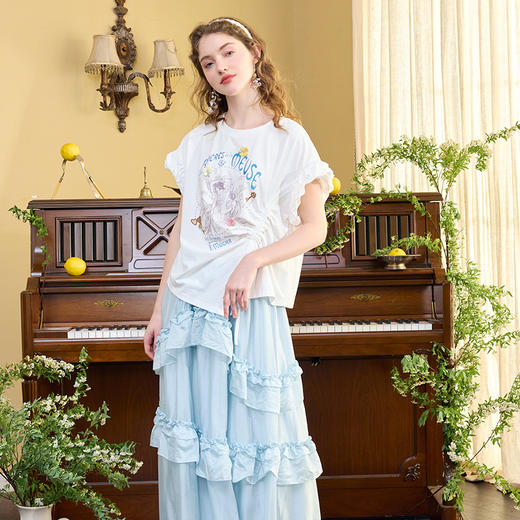 两三事四果冰2024夏季新款小清新印花立体装饰抽绳花边短袖t恤女 商品图1