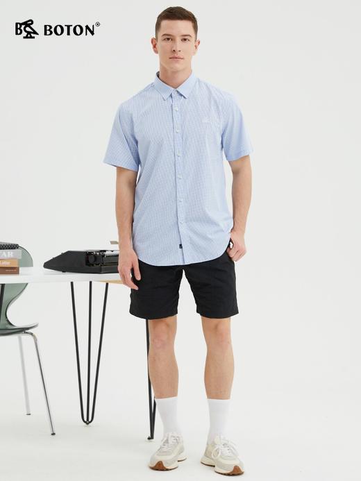 波顿夏季薄款短袖蓝白色格子衬衫男半袖修身百搭衬衣青年MS881222 商品图1