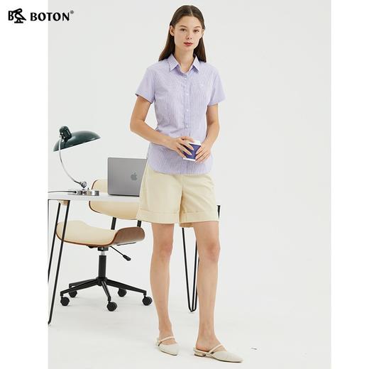 波顿格子衬衫女2024年夏季薄款新款翻领短袖紫格清新百搭休闲上衣LS817222 商品图4