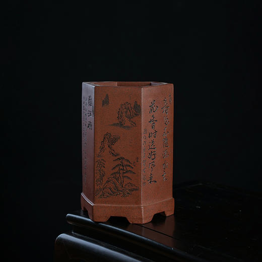 宜兴紫砂笔筒六面刻画陶瓷笔筒古风手工办公室书房学生桌面多功能收纳盒摆件 商品图2