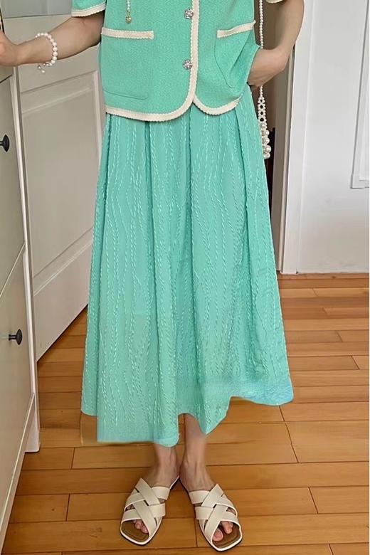 Le Malene 时髦复古浅绿色肌理感高腰百褶半裙 16175 商品图0