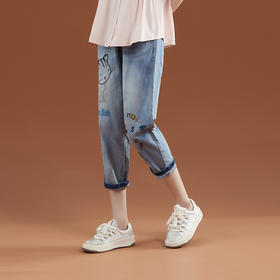 松紧高腰刺绣牛仔裤，显瘦百搭休闲哈伦裤PT7147