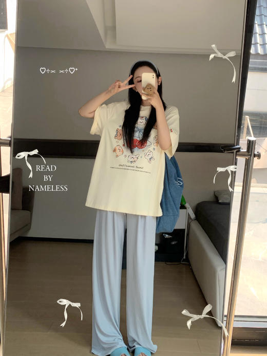 Read Nameless /冰爽澳棉樱桃宠物T+铜氨丝罗纹蓝色垂垂裤 商品图1