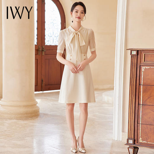 IWY/新款杏色收腰遮肚小香风连衣裙蝴蝶结夏季新款修身女装时尚裙子24Q547M 商品图4