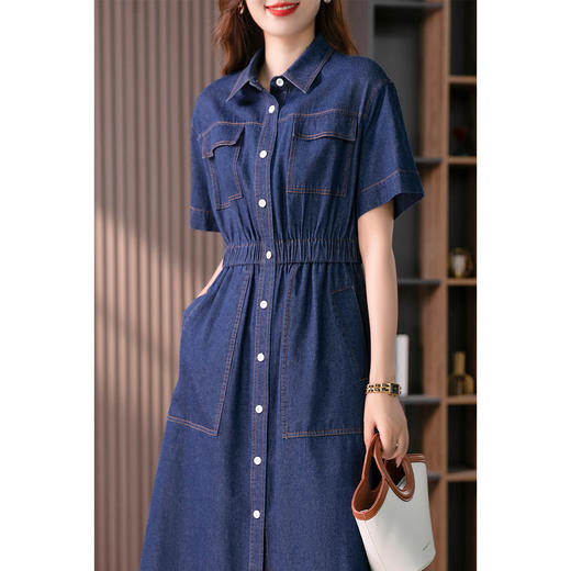 89307原形松紧收腰牛仔连衣裙女2024春夏季新款单排扣显瘦衬衫长裙子 商品图2