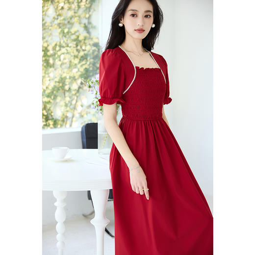 VICTORIA&VERA夏季新款法式赫本风打揽收腰方领珍珠边显胸连衣裙 商品图2