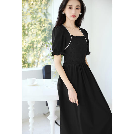 VICTORIA&VERA夏季新款法式赫本风打揽收腰方领珍珠边显胸连衣裙 商品图6