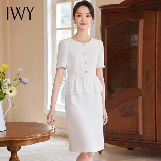IWY/法式假两件圆领连衣裙修身夏季新款气质职场高级感白色女装裙24Q558 商品图0