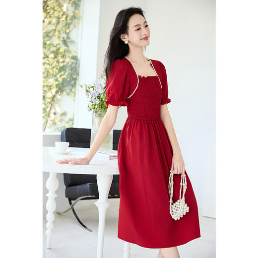 VICTORIA&VERA夏季新款法式赫本风打揽收腰方领珍珠边显胸连衣裙 商品图3