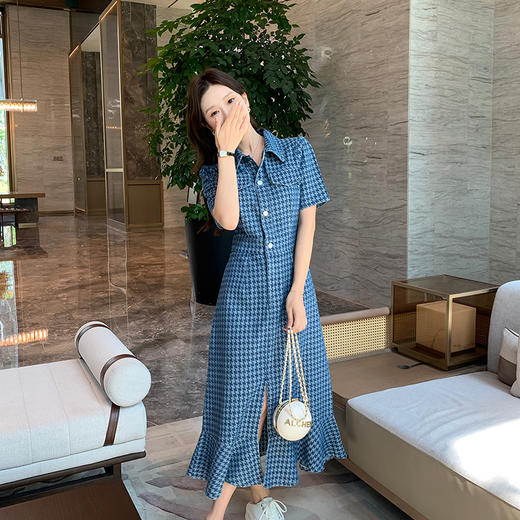 奢姿大码女装2025夏季新款翻领裙子胖妹妹减龄千鸟格时尚连衣裙3342802319 商品图4