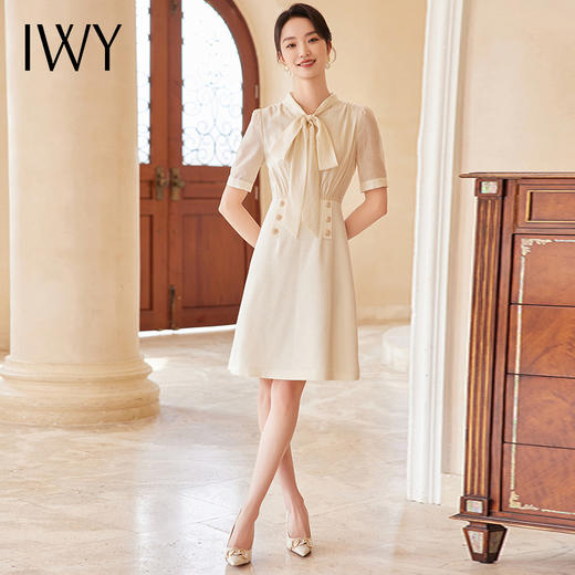 IWY/新款杏色收腰遮肚小香风连衣裙蝴蝶结夏季新款修身女装时尚裙子24Q547M 商品图0