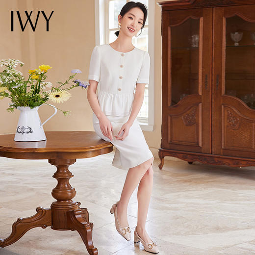 IWY/法式假两件圆领连衣裙修身夏季新款气质职场高级感白色女装裙24Q558 商品图2