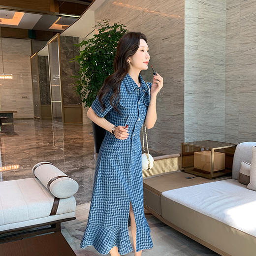 奢姿大码女装2025夏季新款翻领裙子胖妹妹减龄千鸟格时尚连衣裙3342802319 商品图1