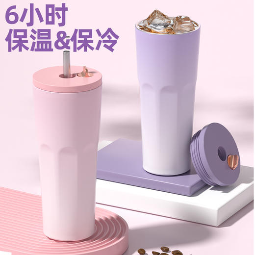 【自动弹跳渐变真空吸管杯】新款700ml大容量 高颜值不锈钢保温杯 一杯多用 商品图3