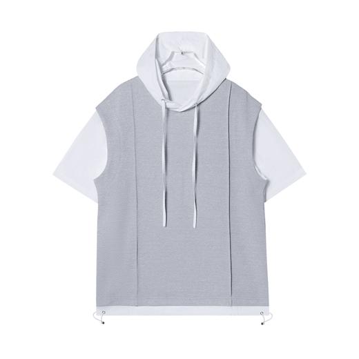 T1182新款灰白拼接连帽男士套装百搭潮流街头休闲上衣宽松短裤 商品图2