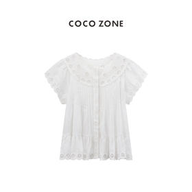 COCO ZONE 100棉时尚褶皱镂空衬衫简约圆领单排扣上衣CC1B1022