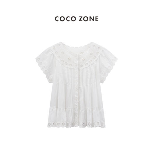 COCO ZONE 100棉时尚褶皱镂空衬衫简约圆领单排扣上衣CC1B1022 商品图0