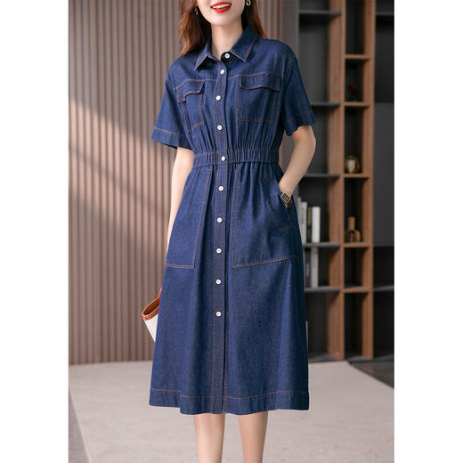 89307原形松紧收腰牛仔连衣裙女2024春夏季新款单排扣显瘦衬衫长裙子 商品图1