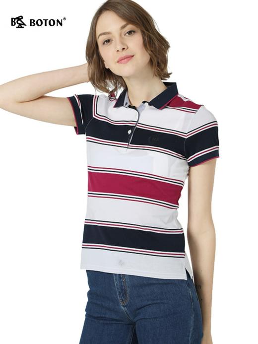 波顿夏季翻领Polo衫女条纹短袖潮流修身纯棉中年T恤LT198219 商品图1