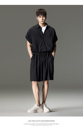 PINLI品立裁魂2024夏季新款暗黑宽松连体松短裤男纯色休闲套装潮BC242117164