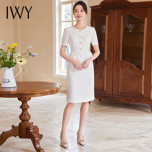 IWY/法式假两件圆领连衣裙修身夏季新款气质职场高级感白色女装裙24Q558 商品图1