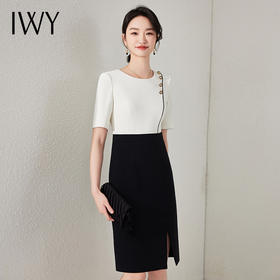 IWY/夏季短袖连衣裙女时尚气质假两件职业裙修身显瘦通勤裙子夏24Q509