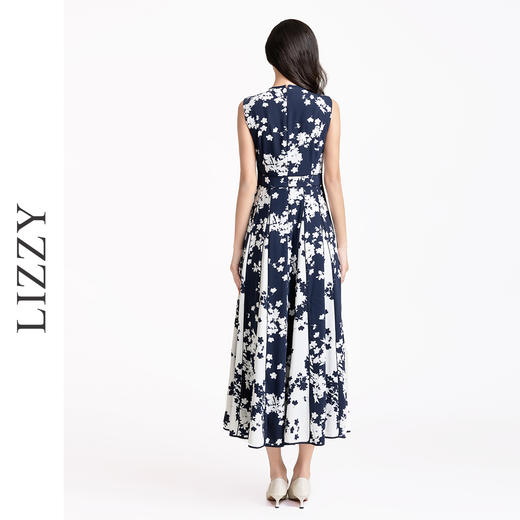 LIZZY 优雅赫本风无袖高腰镶拼条大裙摆显瘦印花连衣裙7914 商品图2