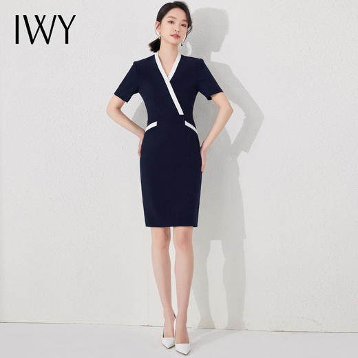 IWY/短袖连衣裙女新款女装气质藏青色裙子时尚职业工作服夏24Q503 商品图0