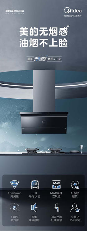 美的（Midea）抽油烟机  家用侧吸28风量大吸力 超薄近吸 无烟感7字型排油烟机 蒸汽洗烟机CXW-140-YL28