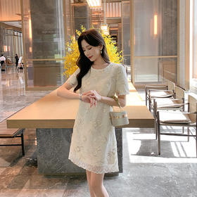 [奢姿轻奢系列]亮片绣花连衣裙大码女装夏季新款胖妹妹圆领裙子8942890036