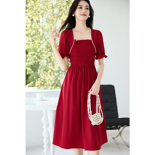 VICTORIA&VERA夏季新款法式赫本风打揽收腰方领珍珠边显胸连衣裙 商品图4