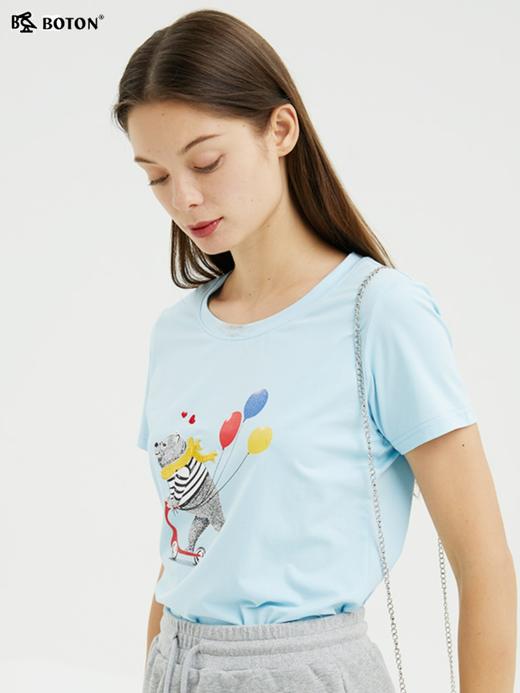 【第2件半价！尾货清仓不退换】波顿纯色圆领短袖t恤女夏设计感印花半袖弹力上衣打底衫LT263221 商品图1