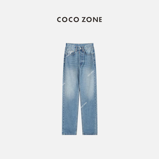 COCOZONE100%棉时尚做旧直筒裤显腿长高腰牛仔裤23C18526 商品图0