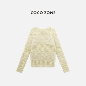 COCO ZONE 时尚圆领设计感镂空毛衣宽条纹长袖上衣CC1B1128