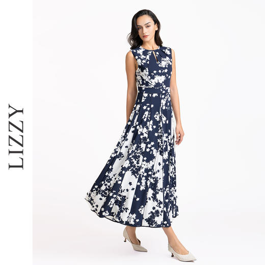 LIZZY 优雅赫本风无袖高腰镶拼条大裙摆显瘦印花连衣裙7914 商品图1
