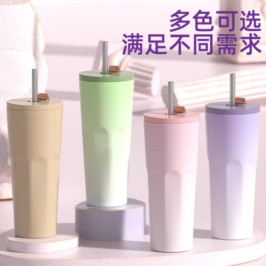 【自动弹跳渐变真空吸管杯】新款700ml大容量 高颜值不锈钢保温杯 一杯多用 商品图1