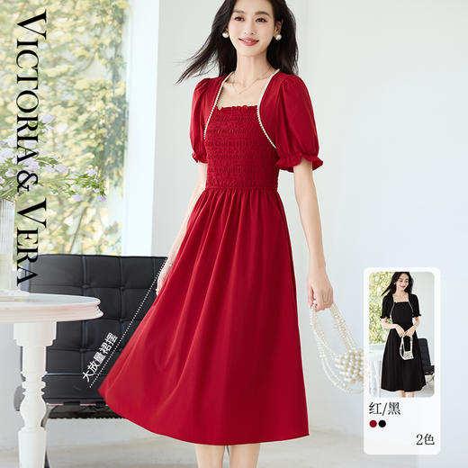 VICTORIA&VERA夏季新款法式赫本风打揽收腰方领珍珠边显胸连衣裙 商品图0