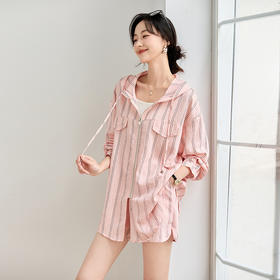 HR WA68019条纹连帽宽松轻薄透气休闲衬衣高腰三分裤两件套