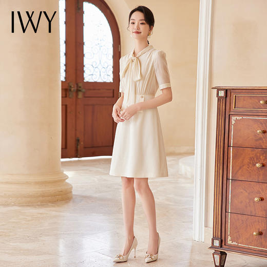 IWY/新款杏色收腰遮肚小香风连衣裙蝴蝶结夏季新款修身女装时尚裙子24Q547M 商品图3
