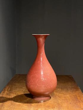 红釉刻花卉玉兔纹玉壶春瓶，顺丰包邮