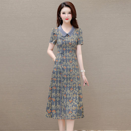 娃娃领短袖国风，妈妈装气质连衣裙QYM-YJ-24DS310-L 商品图1