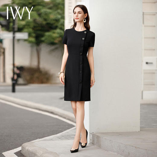 IWY/黑色短袖连衣裙女气质通勤圆领上班职业西装裙案场客服正装Q987 商品图1