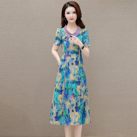 娃娃领短袖国风，妈妈装气质连衣裙QYM-YJ-24DS310-L