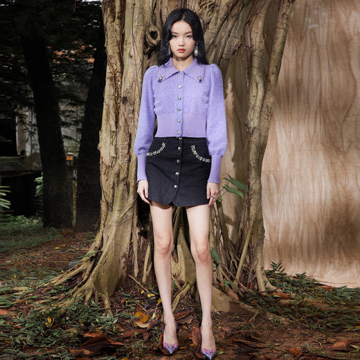 星星钉珠毛衫秋季薰衣草紫针织开衫短款显瘦翻领上衣MS87SW524P30 商品图3